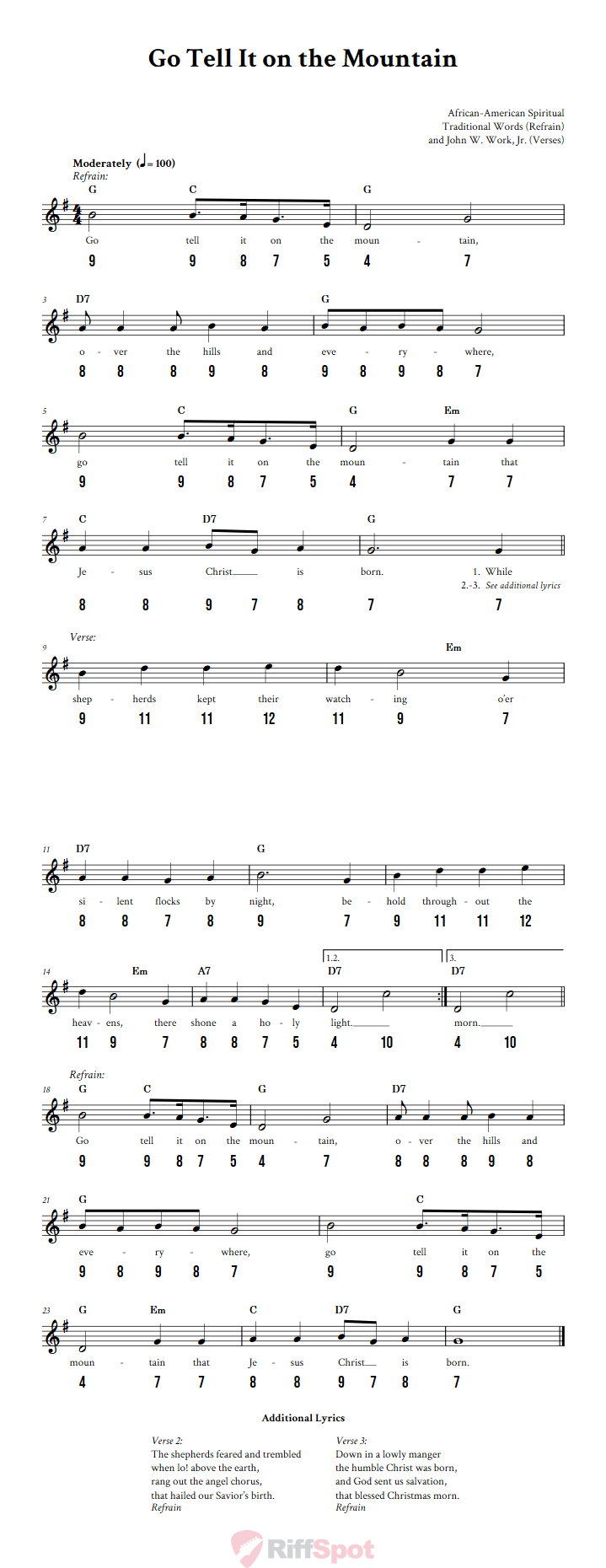 Go Tell It on the Mountain - Free Stylophone Number Tab and Sheet Music With Chords and Lyrics