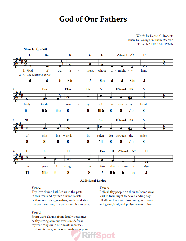 God of Our Fathers - Free Stylophone Number Tab and Sheet Music With Chords and Lyrics