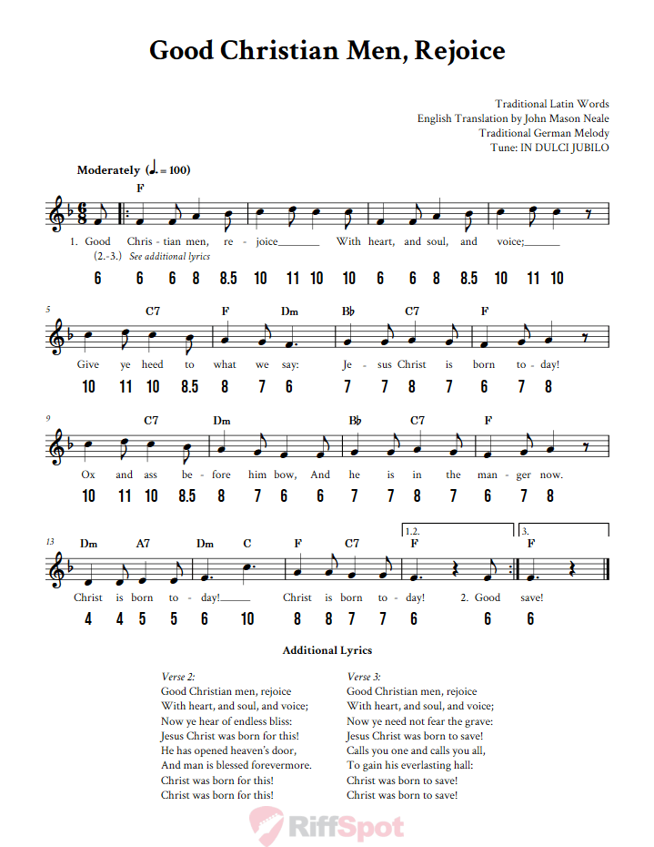 Good Christian Men Rejoice - Free Stylophone Number Tab and Sheet Music With Chords and Lyrics