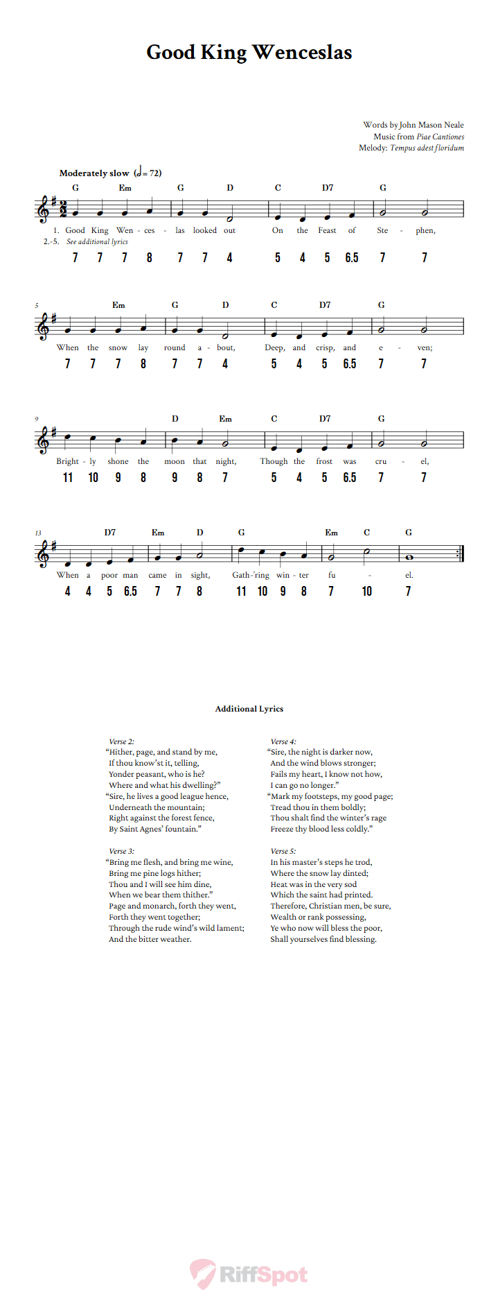 Good King Wenceslas - Free Stylophone Number Tab and Sheet Music With Chords and Lyrics