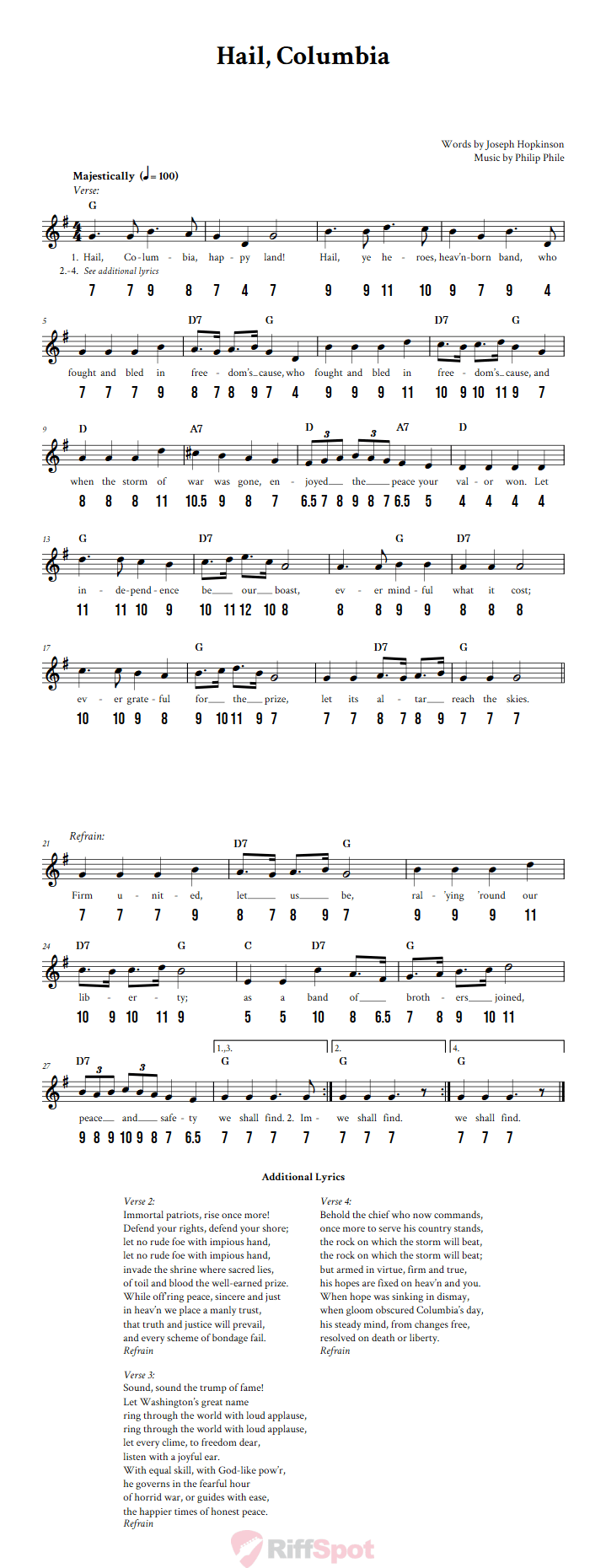 Hail, Columbia - Free Stylophone Number Tab and Sheet Music With Chords and Lyrics
