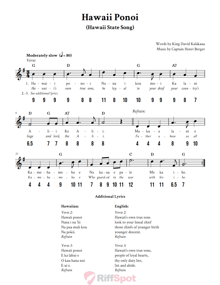 Hawaii Ponoi - Free Stylophone Number Tab and Sheet Music With Chords and Lyrics