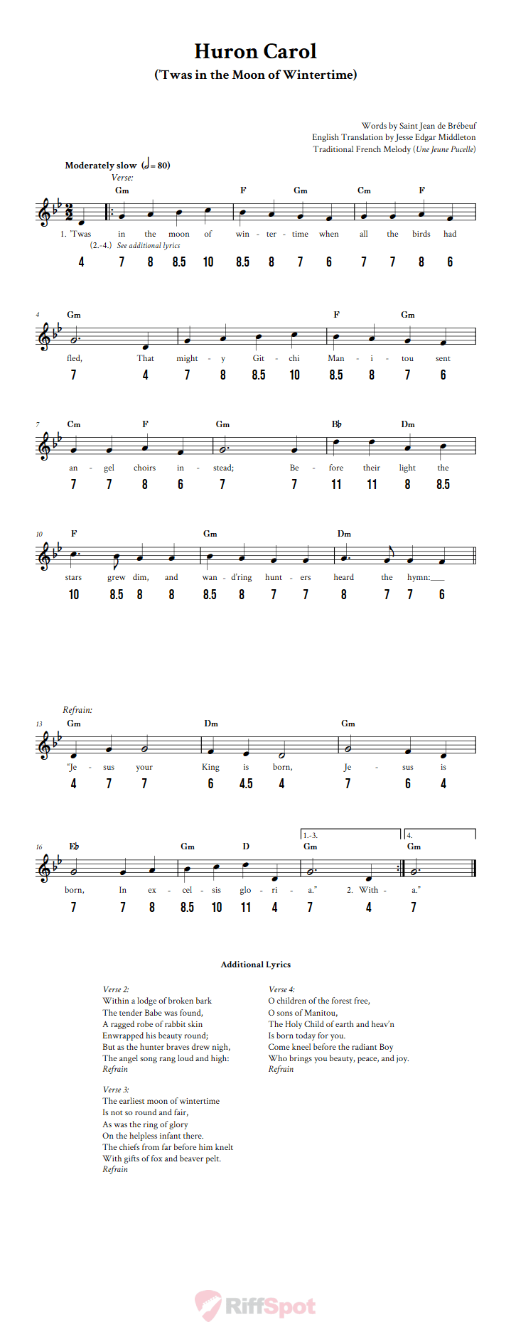 Huron Carol - Free Stylophone Number Tab and Sheet Music With Chords and Lyrics