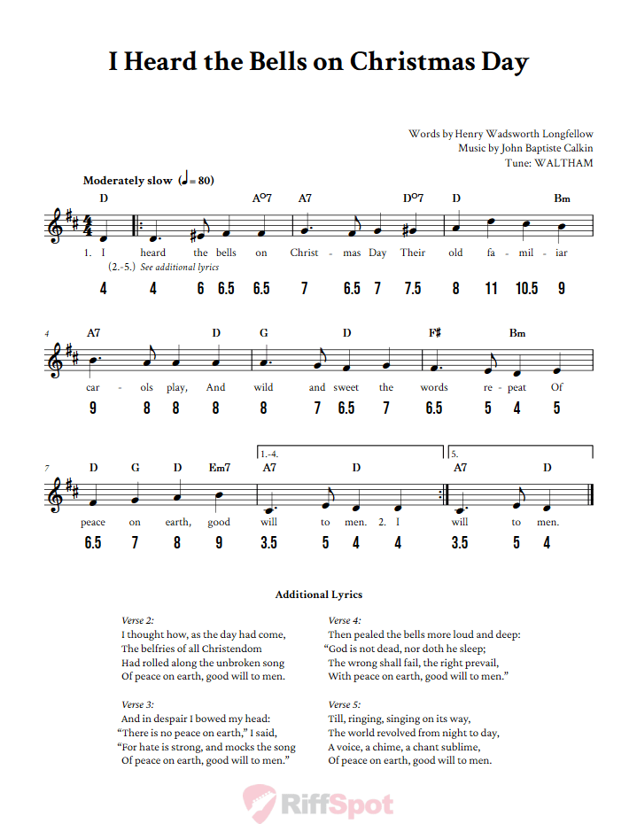 I Heard the Bells on Christmas Day - Free Stylophone Number Tab and Sheet Music With Chords and Lyrics