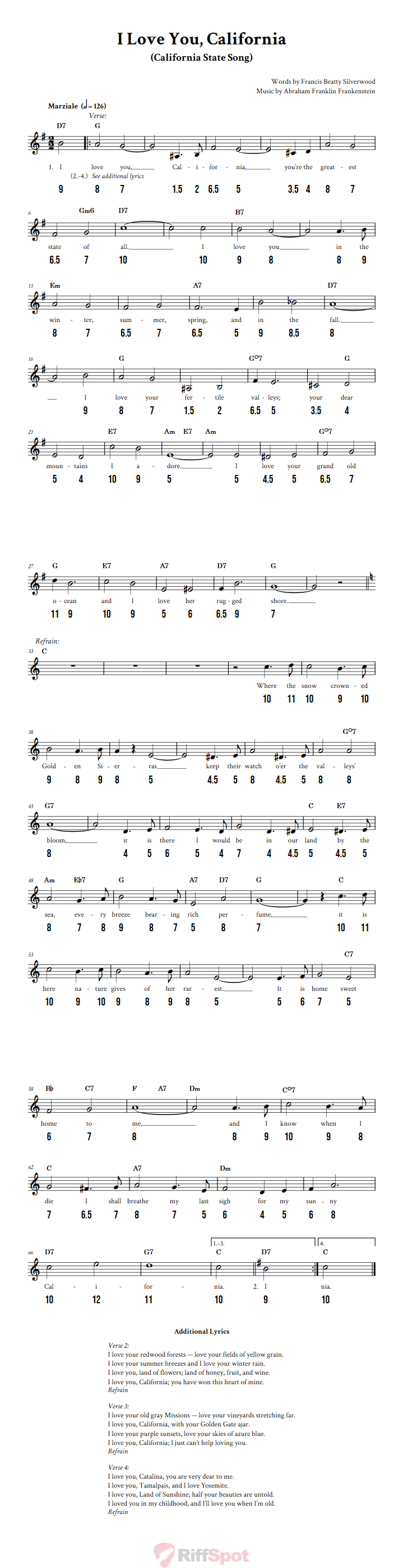 I Love You, California - Free Stylophone Number Tab and Sheet Music With Chords and Lyrics
