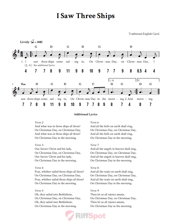 I Saw Three Ships - Free Stylophone Number Tab and Sheet Music With Chords and Lyrics