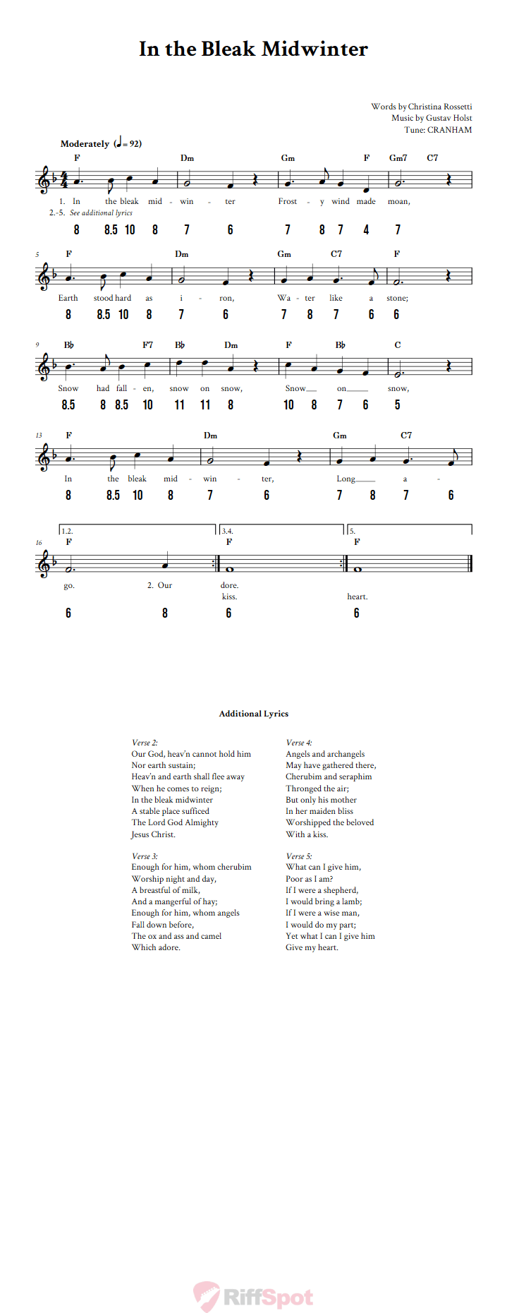 In the Bleak Midwinter - Free Stylophone Number Tab and Sheet Music With Chords and Lyrics