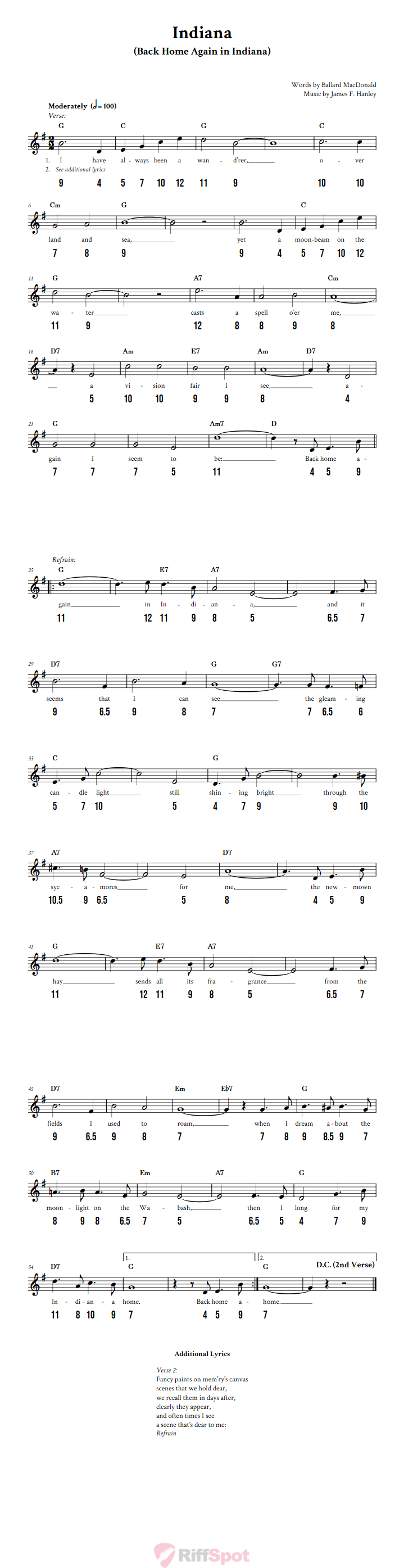 Indiana - Free Stylophone Number Tab and Sheet Music With Chords and Lyrics