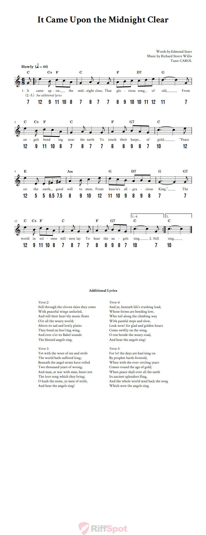 It Came Upon the Midnight Clear - Free Stylophone Number Tab and Sheet Music With Chords and Lyrics