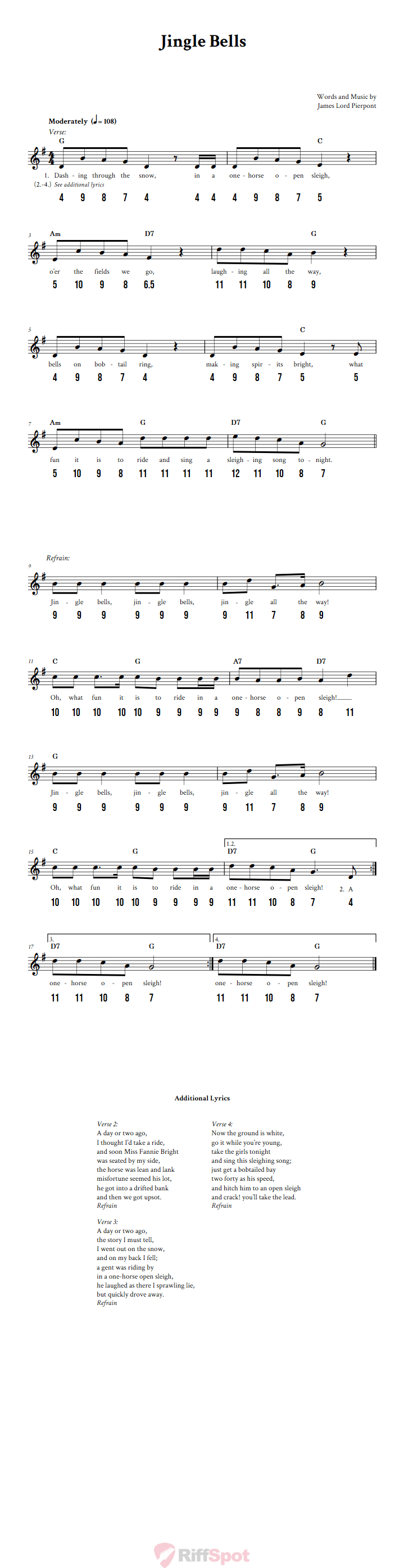 Jingle Bells - Free Stylophone Number Tab and Sheet Music With Chords and Lyrics