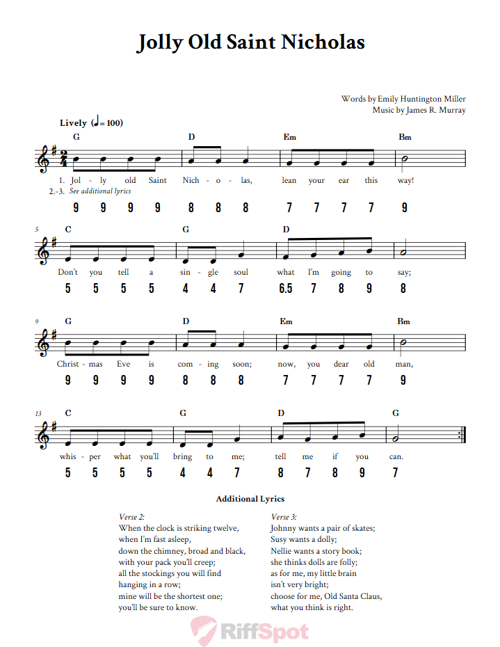 Jolly Old Saint Nicholas - Free Stylophone Number Tab and Sheet Music With Chords and Lyrics