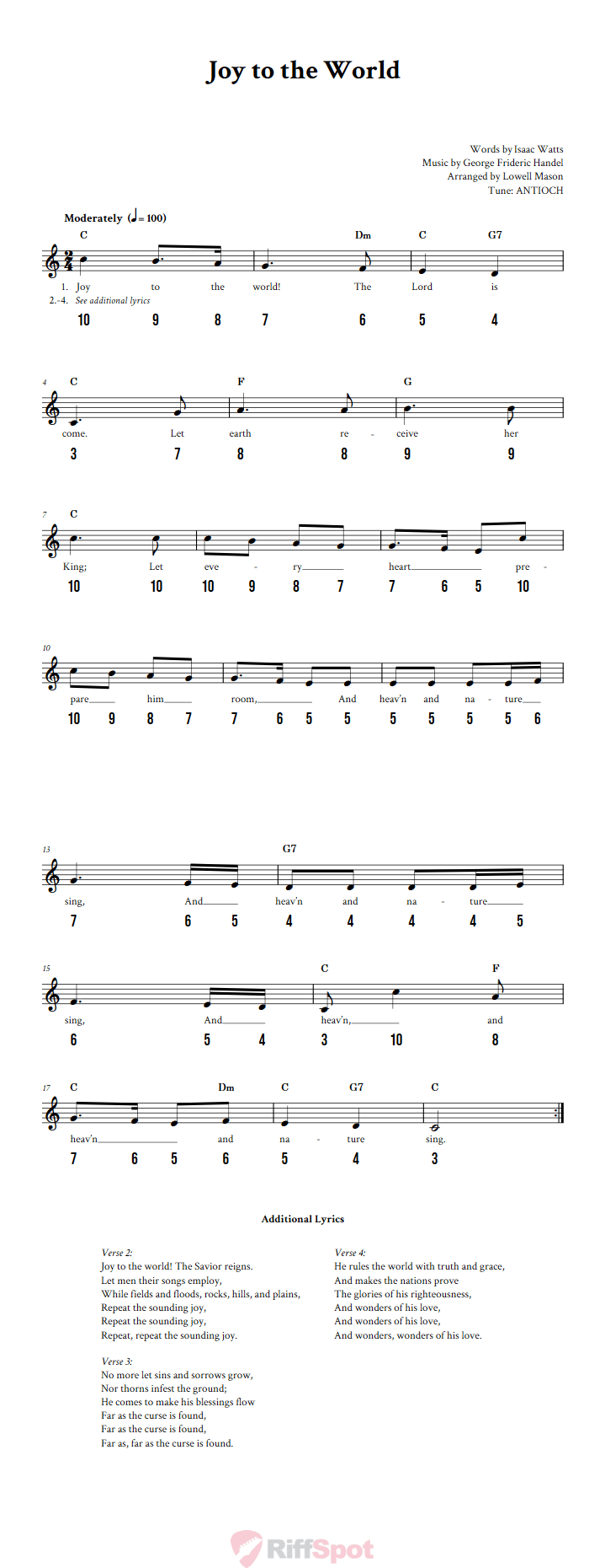 Joy to the World - Free Stylophone Number Tab and Sheet Music With Chords and Lyrics