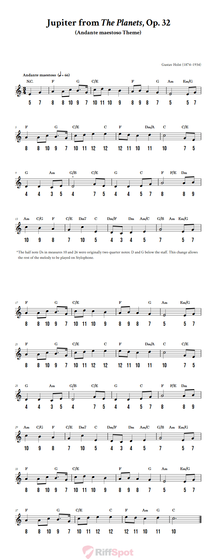 Jupiter from The Planets - Free Stylophone Number Tab and Sheet Music With Chords