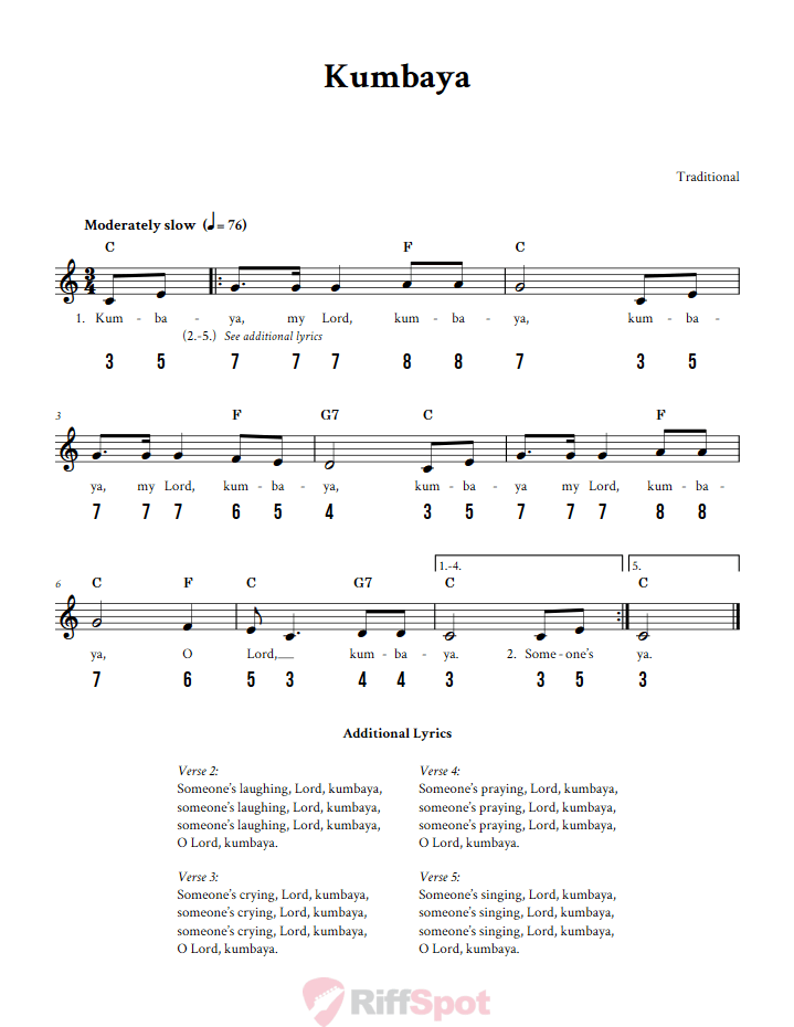 Kumbaya - Free Stylophone Number Tab and Sheet Music With Chords and Lyrics