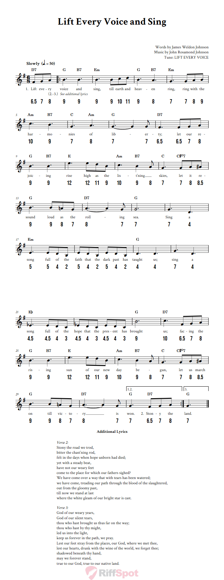 Lift Every Voice and Sing - Free Stylophone Number Tab and Sheet Music With Chords and Lyrics