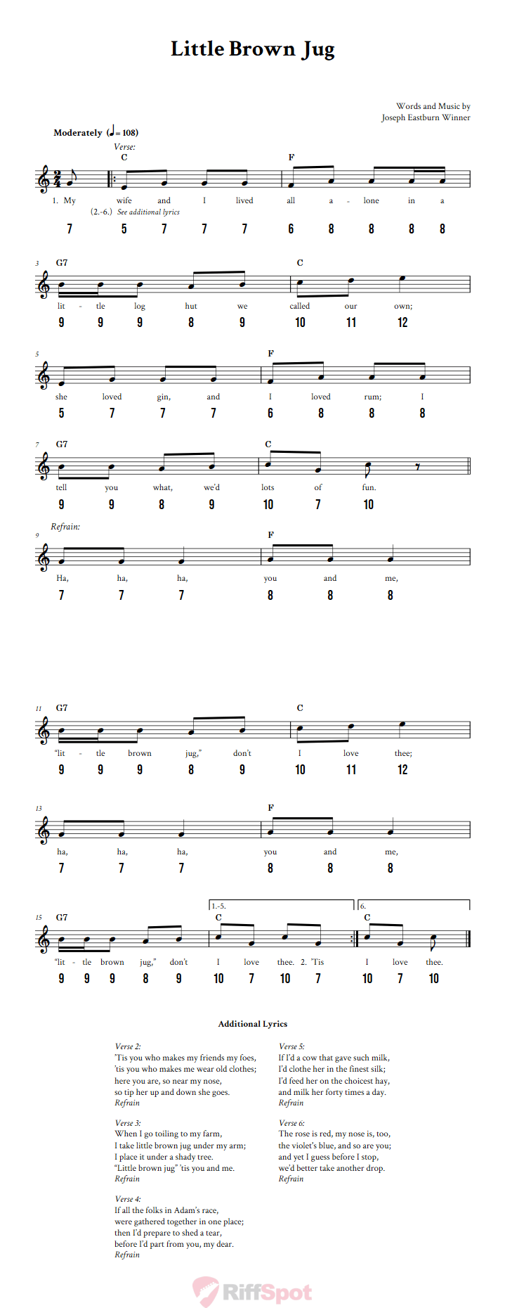 Little Brown Jug - Free Stylophone Number Tab and Sheet Music With Chords and Lyrics