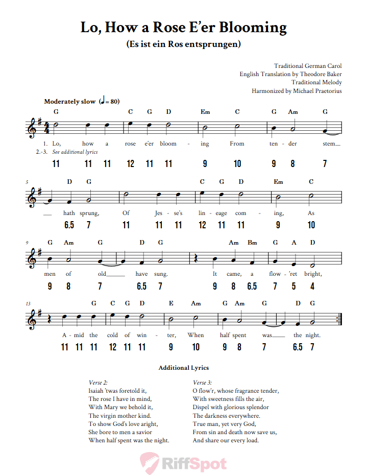 Lo, How a Rose E'er Blooming - Free Stylophone Number Tab and Sheet Music With Chords and Lyrics