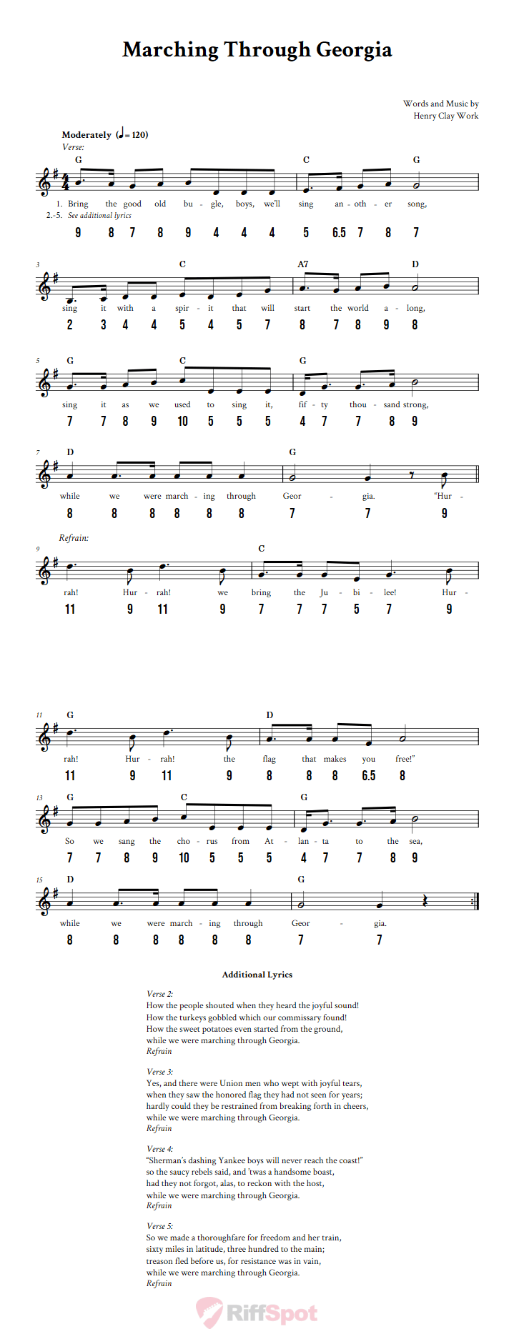 Marching Through Georgia - Free Stylophone Number Tab and Sheet Music With Chords and Lyrics