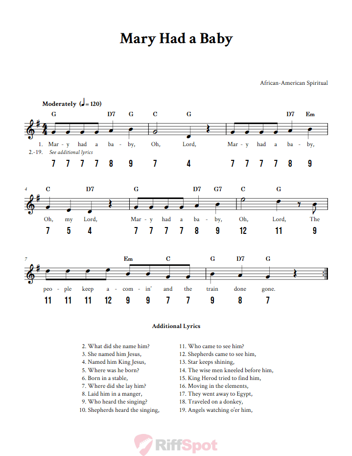 Mary Had a Baby - Free Stylophone Number Tab and Sheet Music With Chords and Lyrics