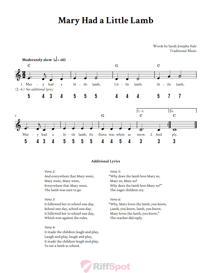 Mary Had a Little Lamb - Free Stylophone Number Tab and Sheet Music With Chords and Lyrics