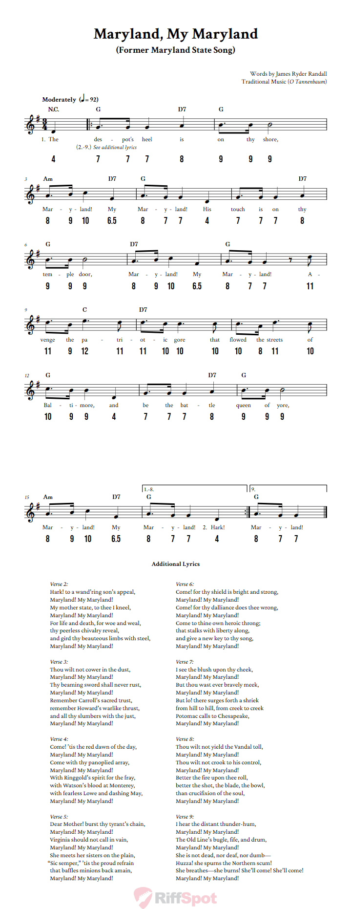 Maryland, My Maryland - Free Stylophone Number Tab and Sheet Music With Chords and Lyrics