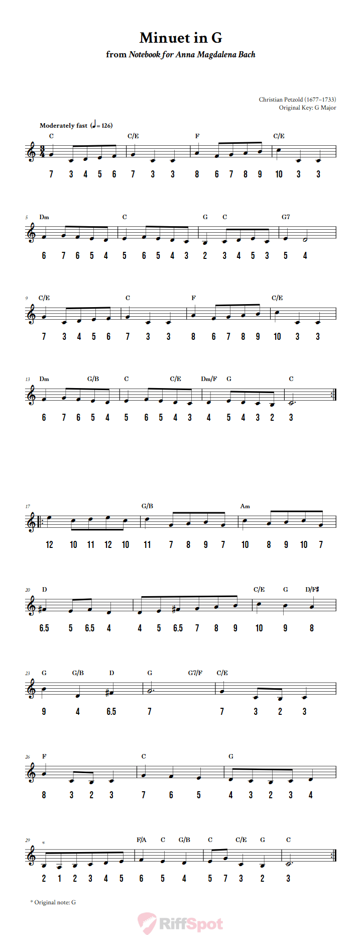 Minuet in G - Free Stylophone Number Tab and Sheet Music With Chords