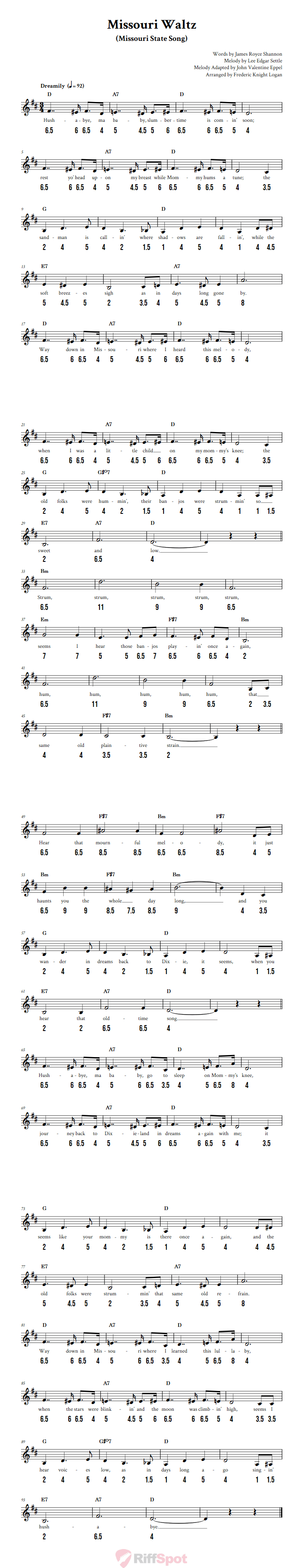 Missouri Waltz - Free Stylophone Number Tab and Sheet Music With Chords and Lyrics