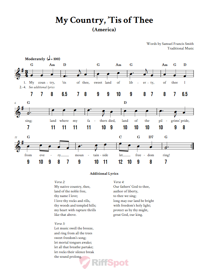 My Country, 'Tis of Thee - Free Stylophone Number Tab and Sheet Music With Chords and Lyrics