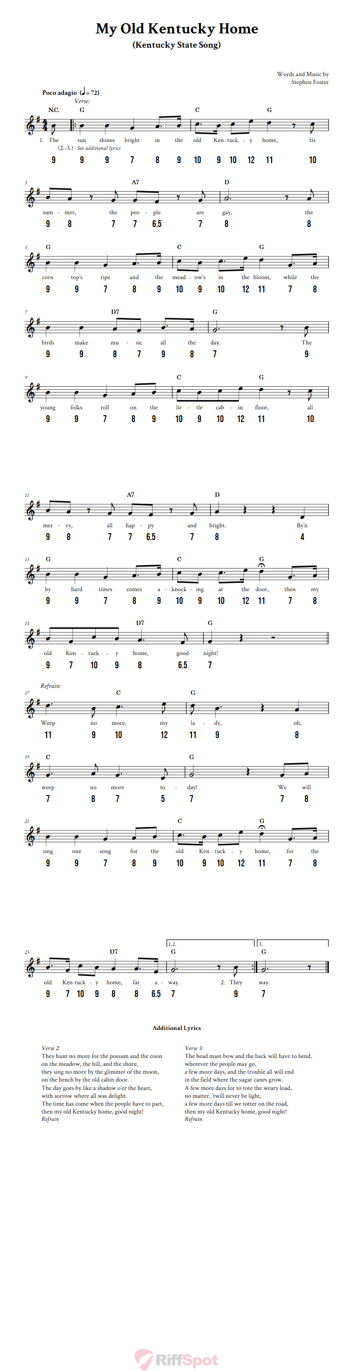 My Old Kentucky Home - Free Stylophone Number Tab and Sheet Music With Chords and Lyrics