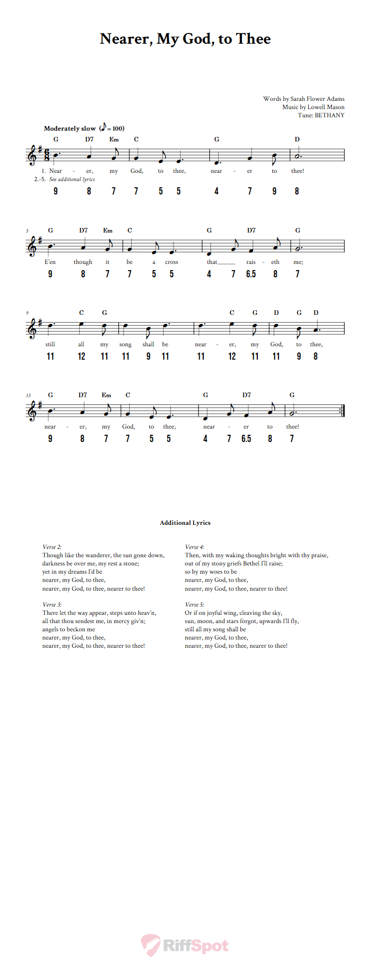 Nearer, My God, to Thee - Free Stylophone Number Tab and Sheet Music With Chords and Lyrics