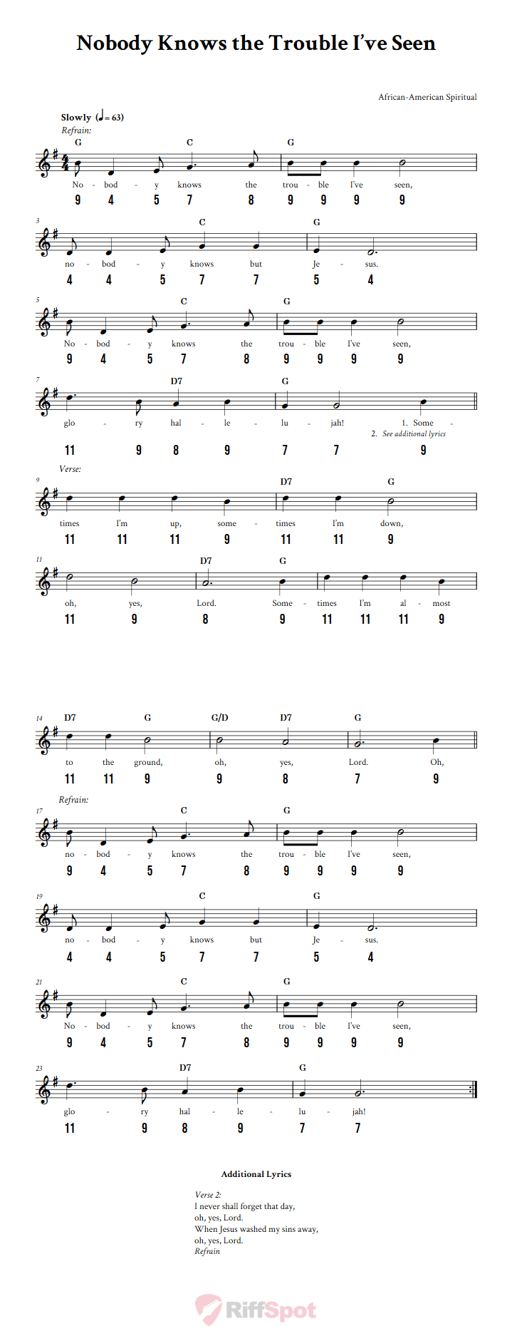 Nobody Knows the Trouble I've Seen - Free Stylophone Number Tab and Sheet Music With Chords and Lyrics