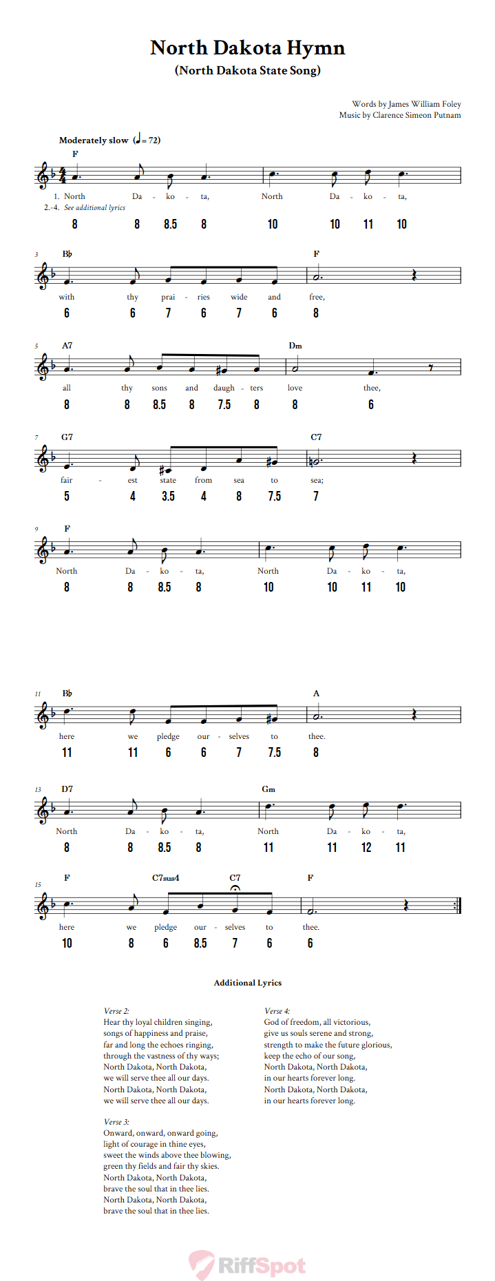 North Dakota Hymn - Free Stylophone Number Tab and Sheet Music With Chords and Lyrics