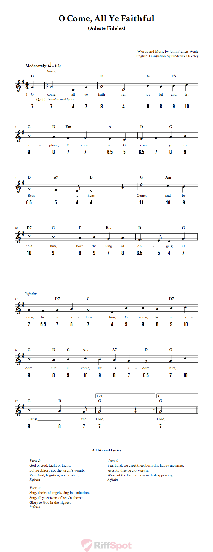 O Come, All Ye Faithful - Free Stylophone Number Tab and Sheet Music With Chords and Lyrics
