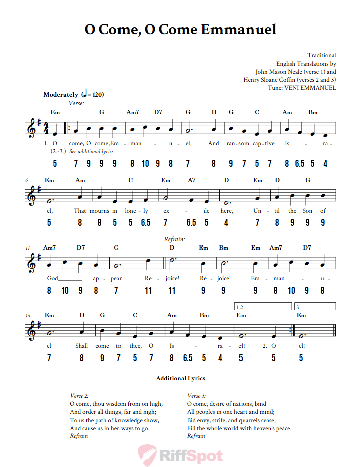 O Come, O Come Emmanuel - Free Stylophone Number Tab and Sheet Music With Chords and Lyrics