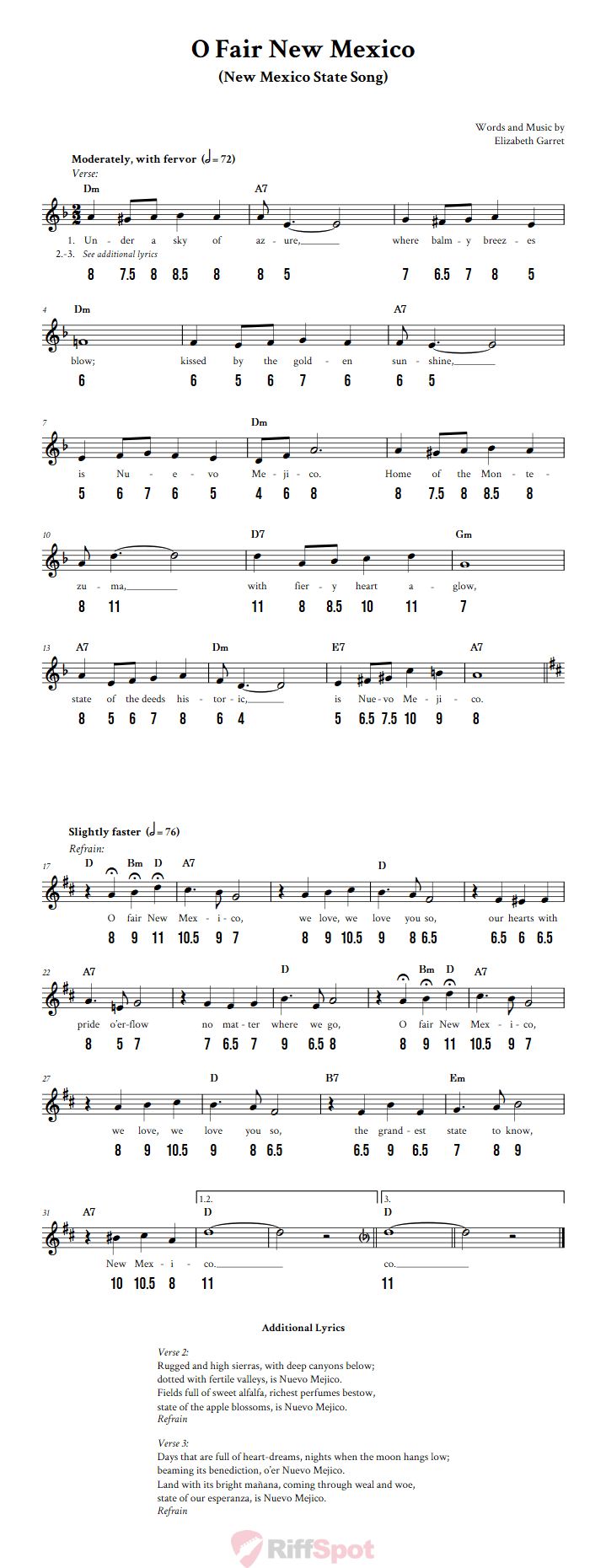 O Fair New Mexico - Free Stylophone Number Tab and Sheet Music With Chords and Lyrics