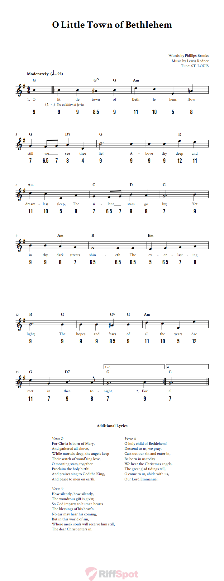 O Little Town of Bethlehem - Free Stylophone Number Tab and Sheet Music With Chords and Lyrics