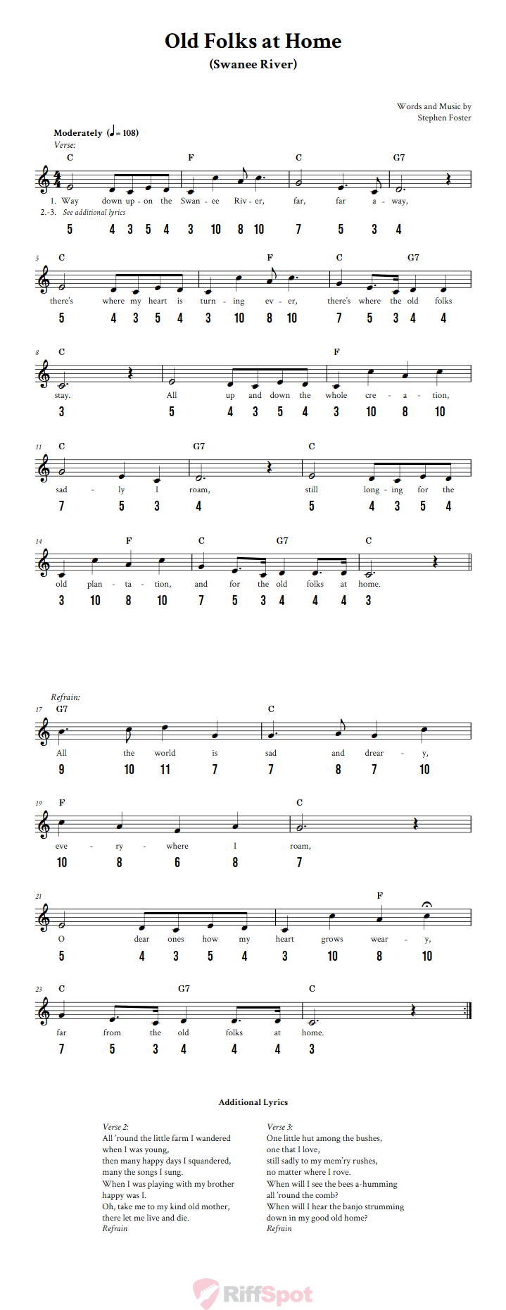 Old Folks at Home - Free Stylophone Number Tab and Sheet Music With Chords and Lyrics