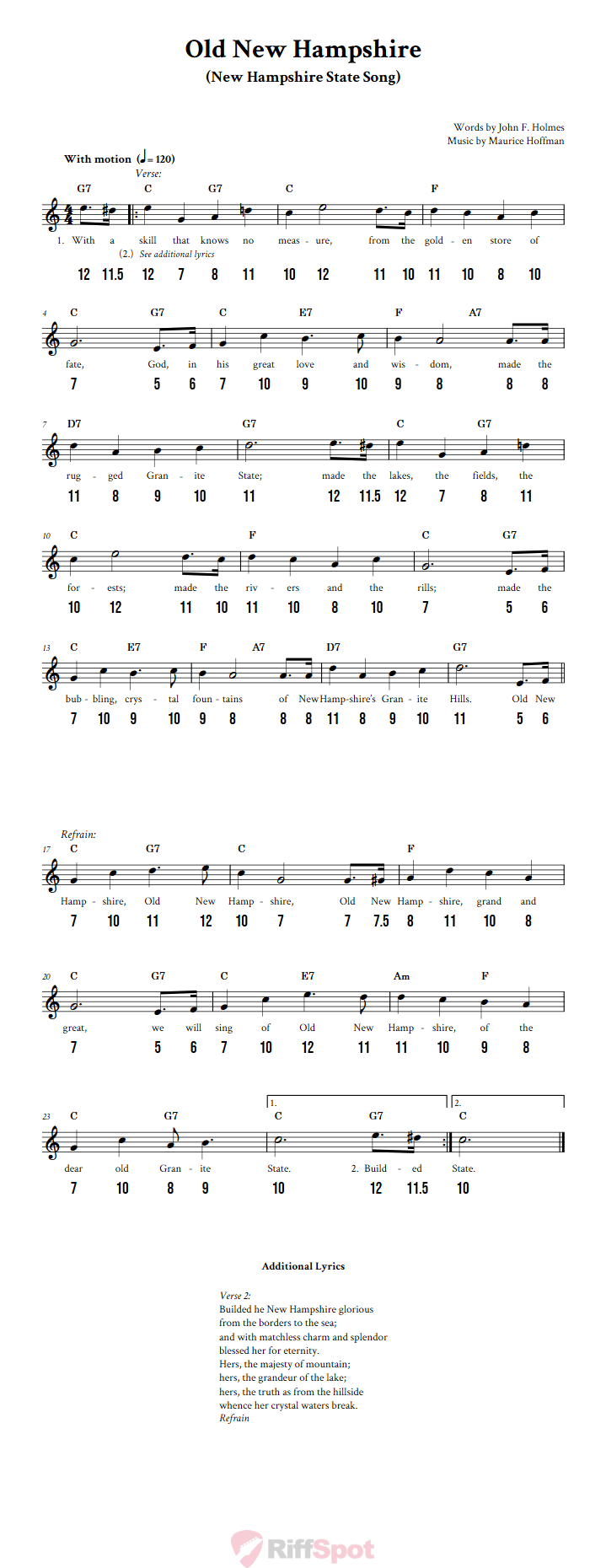 Old New Hampshire - Free Stylophone Number Tab and Sheet Music With Chords and Lyrics