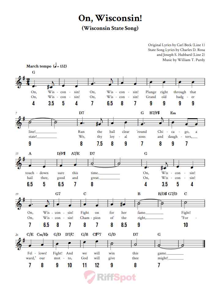 On, Wisconsin! - Free Stylophone Number Tab and Sheet Music With Chords and Lyrics