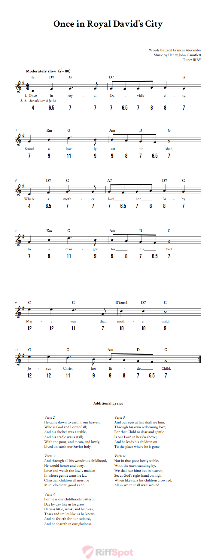 Once in Royal David's City - Free Stylophone Number Tab and Sheet Music With Chords and Lyrics