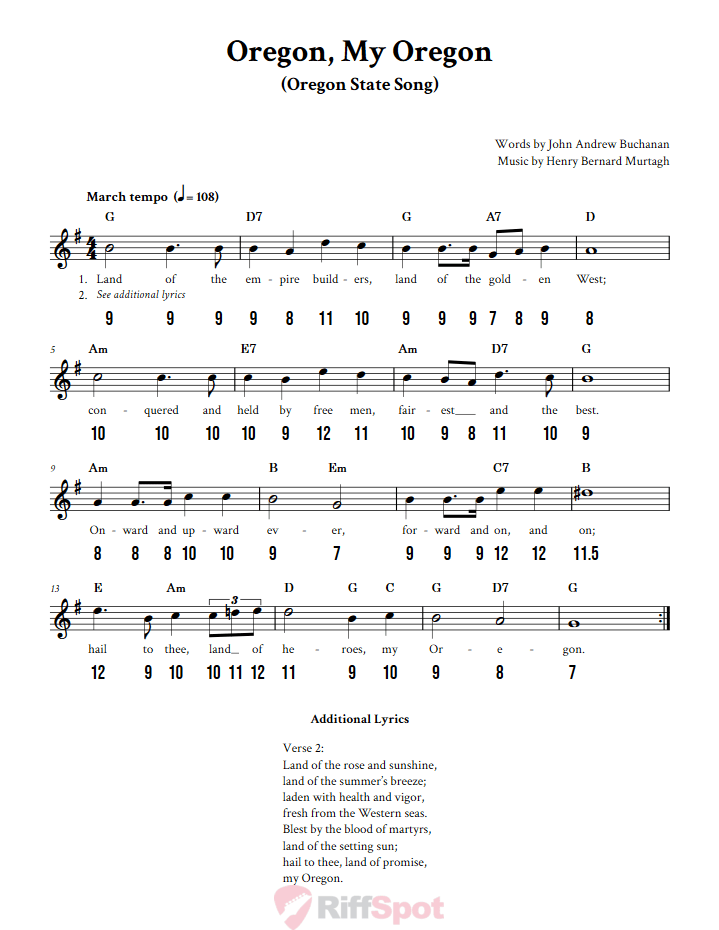 Oregon, My Oregon - Free Stylophone Number Tab and Sheet Music With Chords and Lyrics