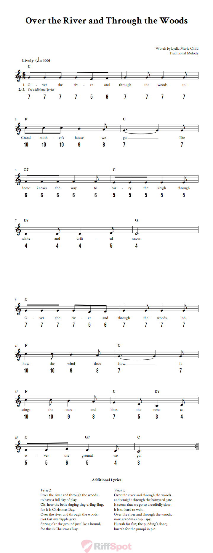 Over the River and Through the Woods - Free Stylophone Number Tab and Sheet Music With Chords and Lyrics