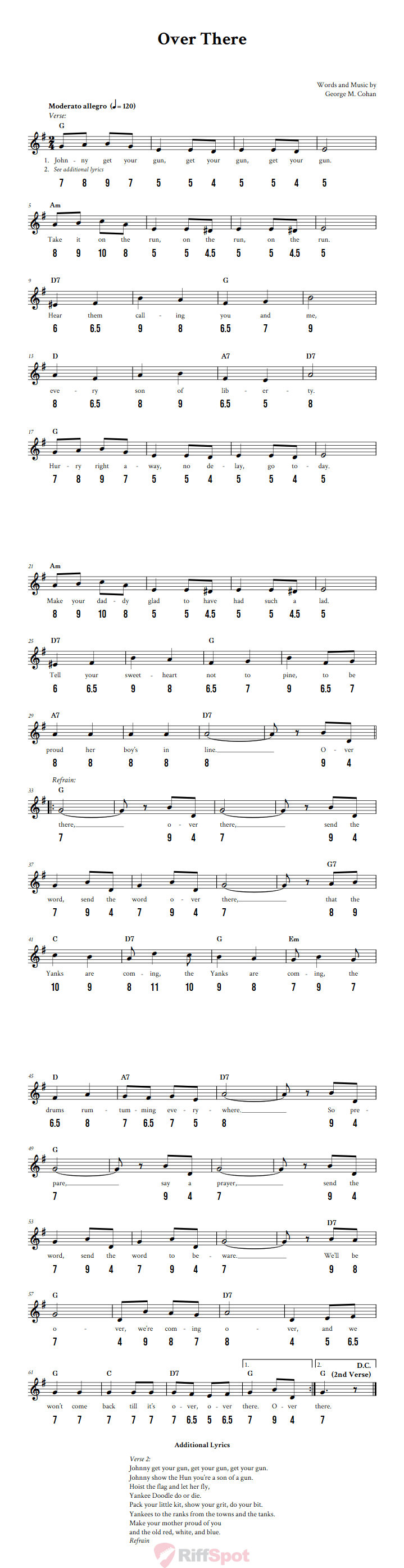 Over There - Free Stylophone Number Tab and Sheet Music With Chords and Lyrics