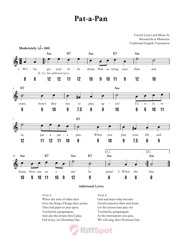 Pat-A-Pan - Free Stylophone Number Tab and Sheet Music With Chords and Lyrics