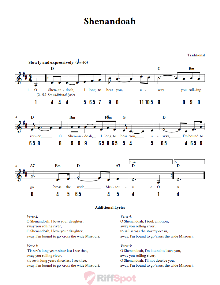 Shenandoah - Free Stylophone Number Tab and Sheet Music With Chords and Lyrics