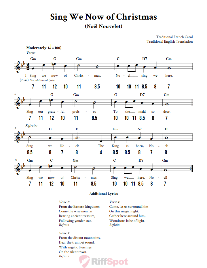 Sing We Now of Christmas - Free Stylophone Number Tab and Sheet Music With Chords and Lyrics