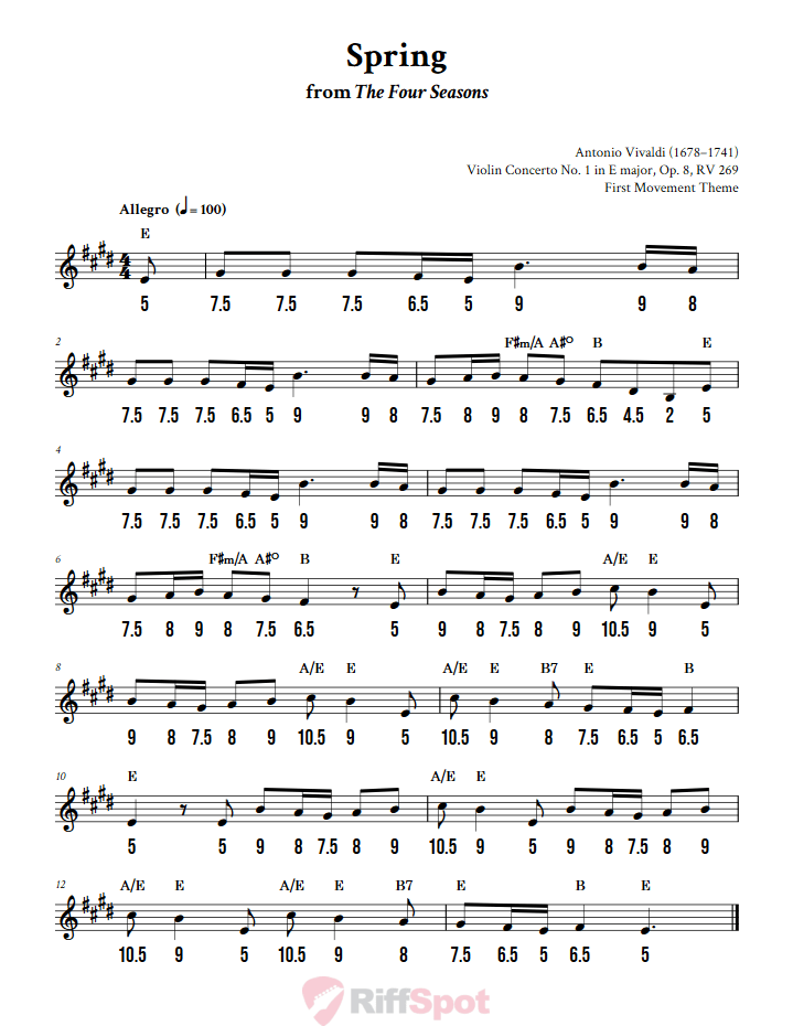 Spring from The Four Seasons - Free Stylophone Number Tab and Sheet Music With Chords