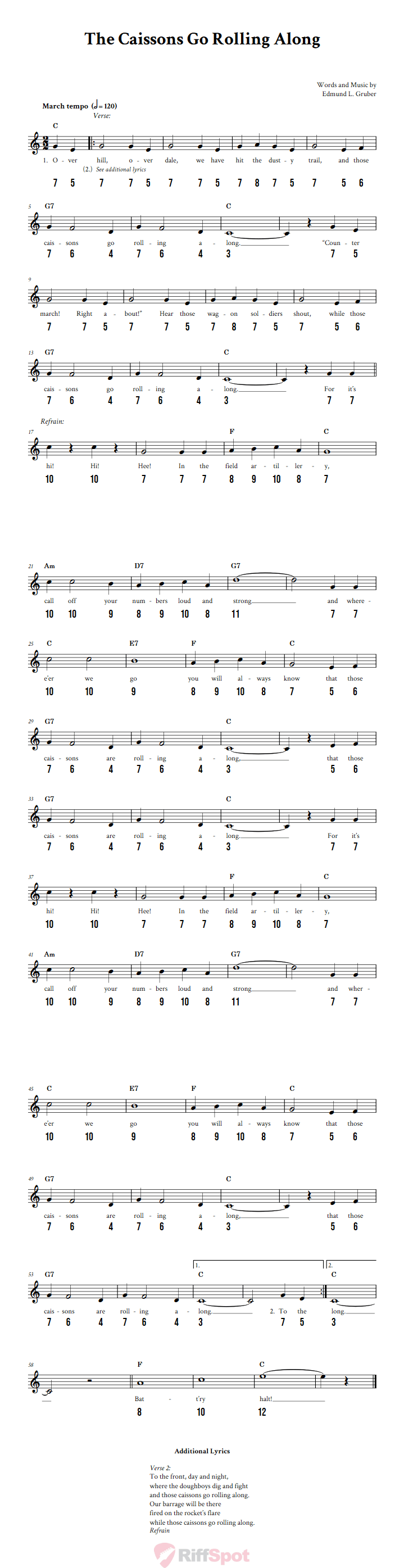 The Caissons Go Rolling Along - Free Stylophone Number Tab and Sheet Music With Chords and Lyrics
