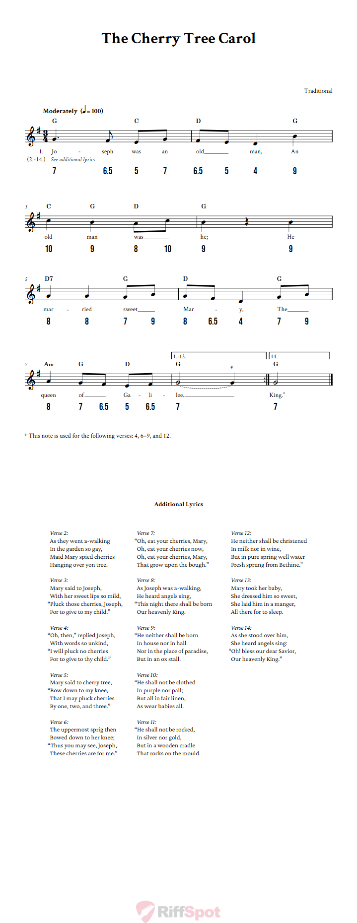 The Cherry Tree Carol - Free Stylophone Number Tab and Sheet Music With Chords and Lyrics