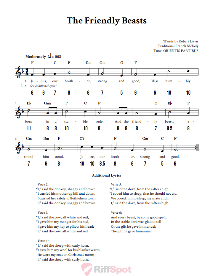 The Friendly Beasts - Free Stylophone Number Tab and Sheet Music With Chords and Lyrics